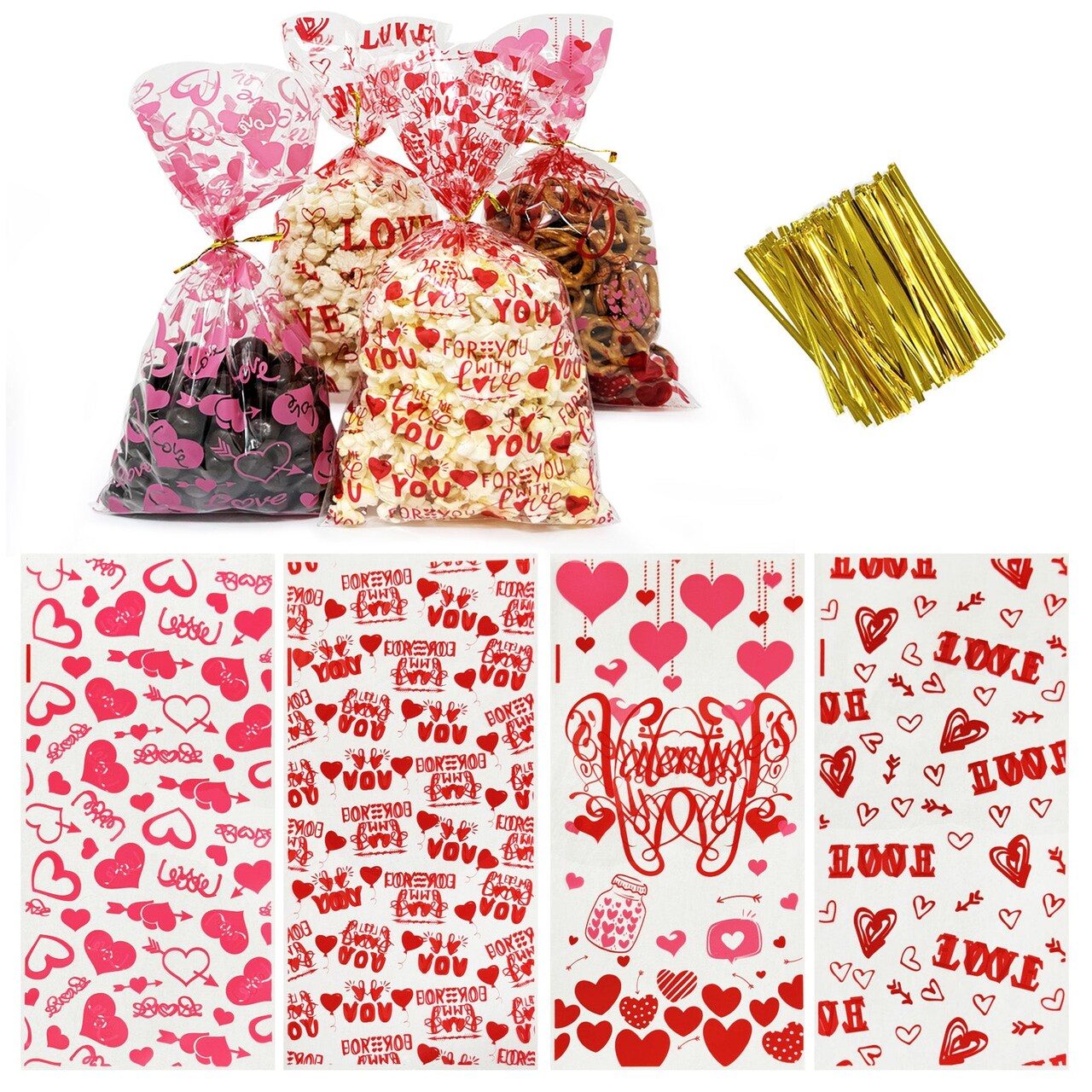 Wrapables Valentines Cellophane Treat Bags With Twist Ties for Candy, Cookies, Treats, Gifts and Party Favors (100pcs), Love Hearts